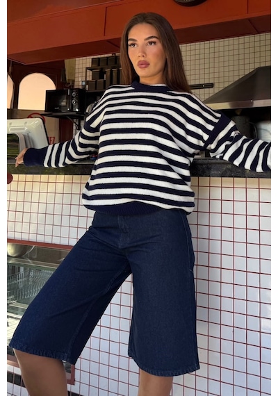 Madmext Lacivert Çizgili Bisiklet Yaka Oversize Kadın Kazak Mg2894