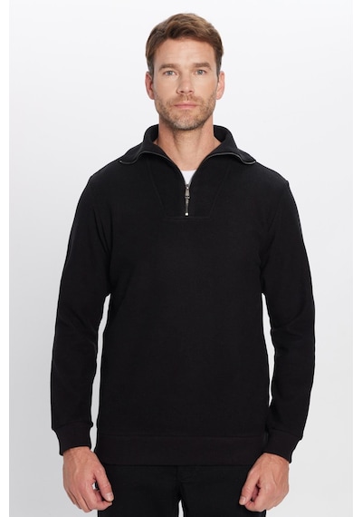 Tudors Unisex Relax Fit Rahat Kesim Fitilli Desenli Pamuklu Yarım Fermuarlı Siyah Dik Yaka Sweatshirt-31986 Siyah