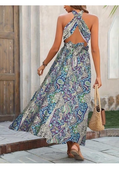 Kadın Omuzlardan Açık Yırtmaçlı Desenli Süprem Elbise - 62590 2xl/3xl - Desenli Mavi