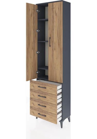 Arges Dolap 4 Raflı 4 Çekmeceli 2 Kapaklı 60x30x221 Antrasit-çam Antrasit