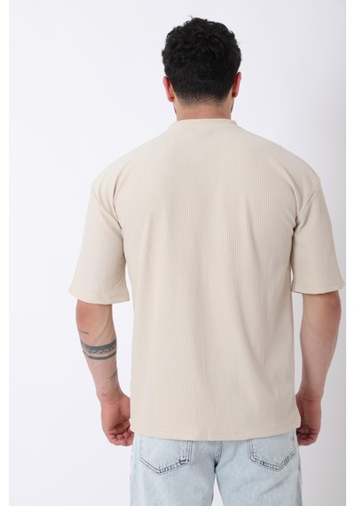 Çizgili Oversize Bisiklet Yaka Tişört Stu-2452 30463 Bej
