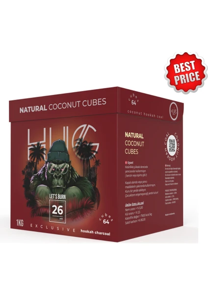 Hug Coal 26 Mm %100 Doğal Hindistan Cevizi Nargile Kömürü 1 Kg 64 Küp