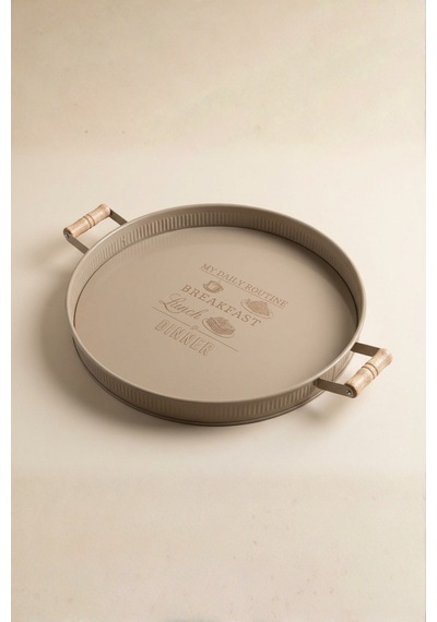 Ahşap Kulplu Yuvarlak Metal Servis Tepsisi 37 Cm Cappuccino