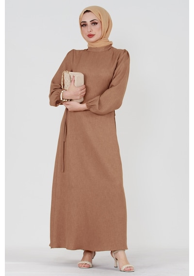 Sevitli Yanı Bağcıklı Keten Elbise-vizon-3363-vizon Vizon