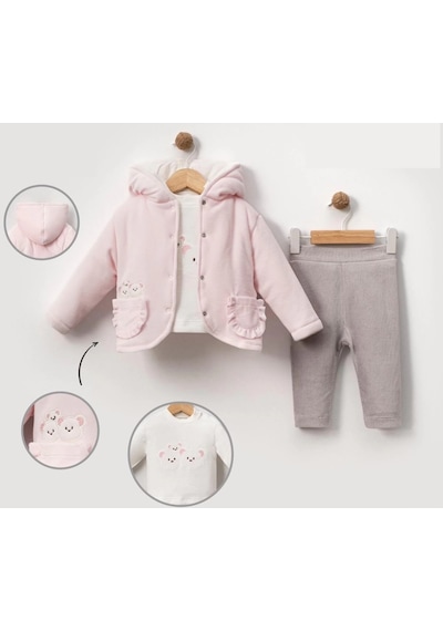 Lamato Baby Kadife Montlu Ayıcıklı 3'lü Takım Pembe