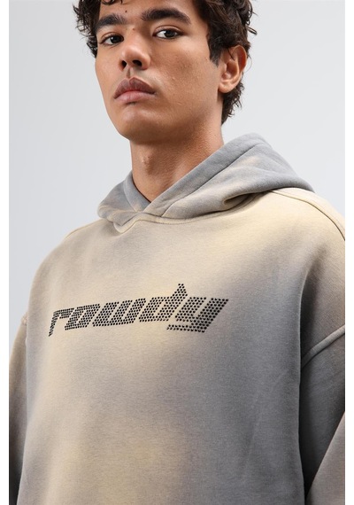 Vamos Oversize Baskılı Yıkamalı Hoodie Füme