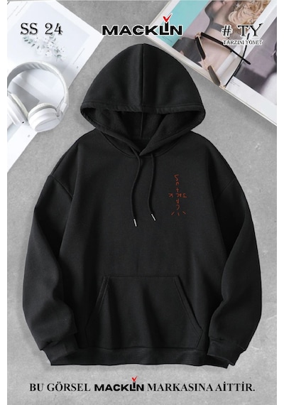 Macklin Unisex Kadın Erkek Cactus Jack Halı Özel Tasarım Baskılı Kapşonlu Sweatshirt Siyah Mck0854 Siyah