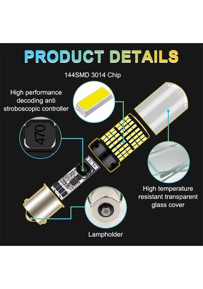 Carub Ampul 12v 93 144 Led Şeffaf Oto Geri Vites Ampulü Fren Stop Sis Sinyal Lambası Düz Çakarlı Beyaz Br0404040
