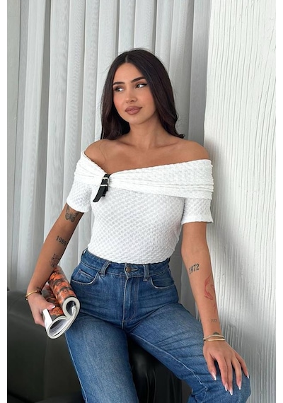 Noa & Noa Kadın Tokalı Düşük Omuz Bluz Urban Accent Beyaz