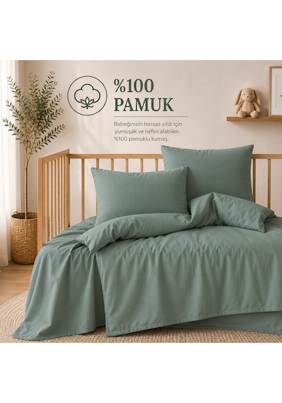 Lief Home %100 Pamuklu Sertifikalı Bebek Nevresim Takımı 100x150 63 Tel Dokuma Kutulu Gönderim Yeşil