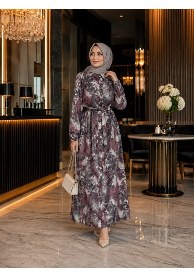 %100 Pamuklu Mango Kumaş Boydan Düğmeli Kuşaklı Tesettür Elbise 135 Cm Desenli Bordo