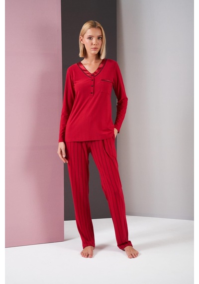 Pjs 26001 Kadın Saten Düğmeli Yaka Cepli Uzun Kollu Pijama Takım bordo