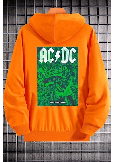 Uyguntarz Unisex Ac Dc Baskılı Kapüşonlu Sweatshirt Turuncu