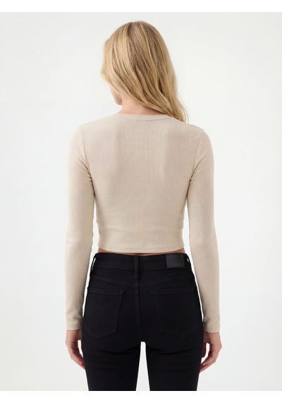 Slim Crop Fit Kadın Tshirt U.kol Bej