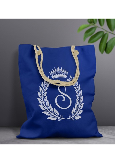 Bk Gift Kişiye Özel Harfli Saks Mavi Halat Saplı Kumaş Bez Çanta-7, Baskılı Omuz Çantası, Alışveriş Çantası