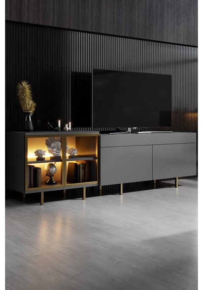 Vienna Gold Demir Ayaklı Rgb Led Işık Sistemli Antrasit Tv Ünitesi Tv Sehpası Antrasit - Altın Vienna Gold Demir Ayaklı Rgb Led Işık Sistemli Antrasit Tv Ünitesi Tv Sehpası Antrasit - Altın
