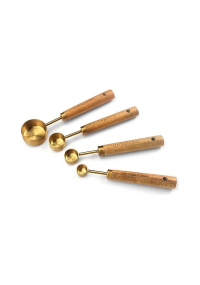 Qerhome Küçük 4'lü Ahşap Saplı Gold Lüks Ölçü Kaşığı - Baharat Kaşığı Seti Altın