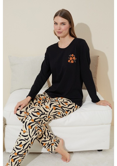 Siyah İnci Pamuklu Örme Pijama Takım 24240106 Siyah