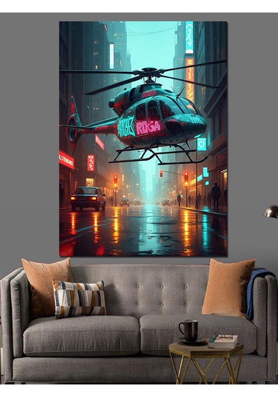 Ahşap Tablo Gece Şehri Ve Helikopter Figürü