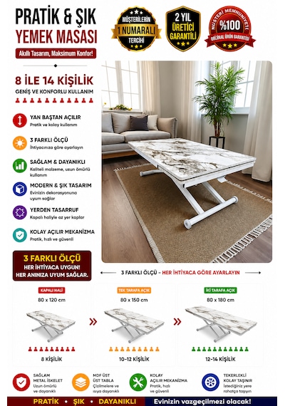 Yan Baştan Açılır Akıllı Masa Üst Tabla Mdf Yüksekliği Ayarlanabilir Pratik Beyaz Mermer