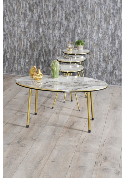 Zigon Sehpa Ve Orta Sehpa Elips Set Çift Gold Metal Beyaz Mermer Desen
