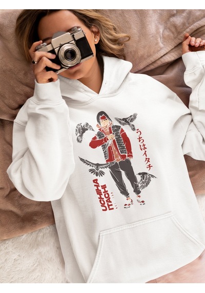 Sevbano Uchiha Itachi Baskılı Unisex Oversize Naruto Anime Hoodie beyaz