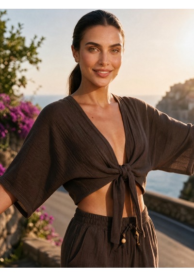 Nealirsanall.com Önü Bağlamalı Crop Bolero - Geniş Kollu Müslin Yazlık Bluz Siyah