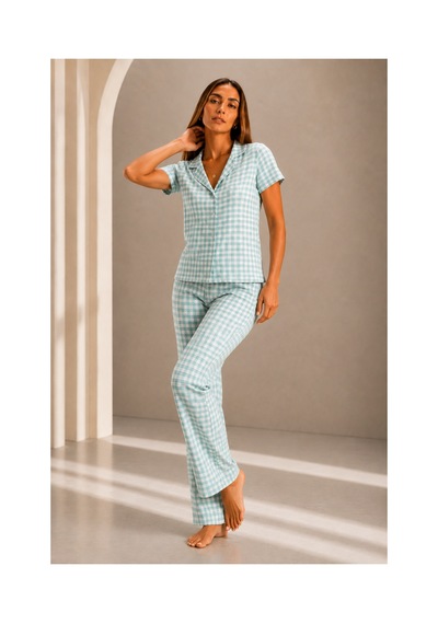 Fit Women Kadın Kısa Kol Rahat Kalıp Şık Su Yeşili Pijama Takımı