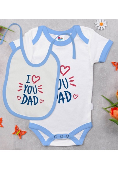 Bk Kids I Love You Dad Tasarımlı Mavi Bebek Body Zıbın Ve Mama Ön Çok Renkli