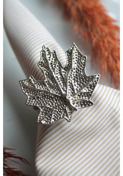 6 Adet Gümüş Vintage Çınar Yaprağı Metal Peçete Halkası - Napkin