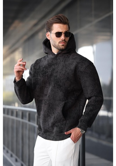 Madmext Siyah Desenli Kapüşonlu Erkek Sweatshirt E7167 Siyah