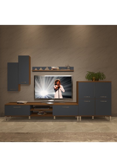 Decoraktiv Eko 6 Mdf Dvd Krom Ayaklı Tv Ünitesi Tv Sehpası Ceviz - Antrasit