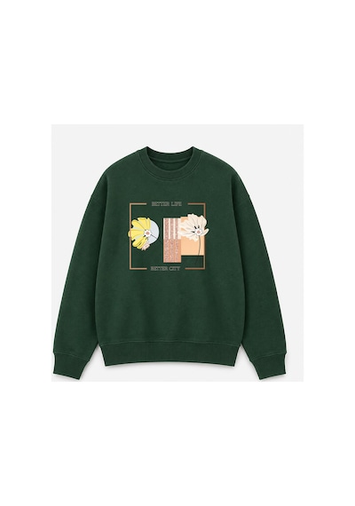 Herkesemoda Better Life Baskı Detaylı Bisiklet Yaka Şardonlu 2 İplik Sweatshirt Yeşil