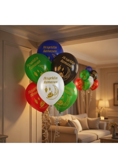 Ramazan Temalı 10'lu 12 İnç Baskılı Karışık Renk Lateks Balon Çok Renkli
