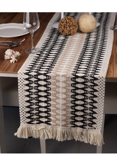 Pamuk Örme Püsküllü Siyah-kahve Dantel Runner 35x145 Cm