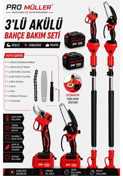 Pro Müller Profesyonel 3'lü Set 24 V Çift Akülü Teleskopik Kollu Bağ Makası Ve Budama Testeresi Makinesi