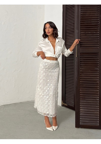 Verymoda Pul Detaylı Abiye Midi Etek F2012 Krem