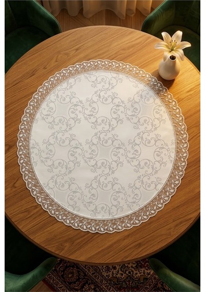Lüks Dekoratif Yuvarlak Runner Güpür Kenarlı Jakarlı Desenli Orta Sehpa Örtüsü 60 Cm Çap Beyaz Kırık
