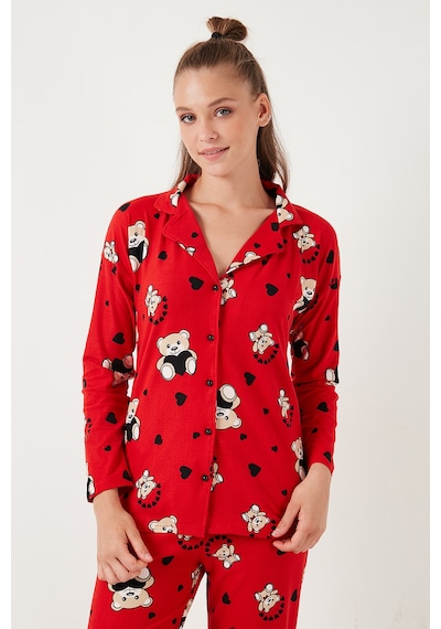 Lela Streç Standart Fit Desenli Bayan Pijama Takımı 60956602 Kırmızı