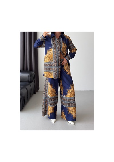 Wellway İthal Chokellaa Kumaş Çiçekli Tunik Gömlek & Pantolon 2li Takım-sarı -26112 Mavi