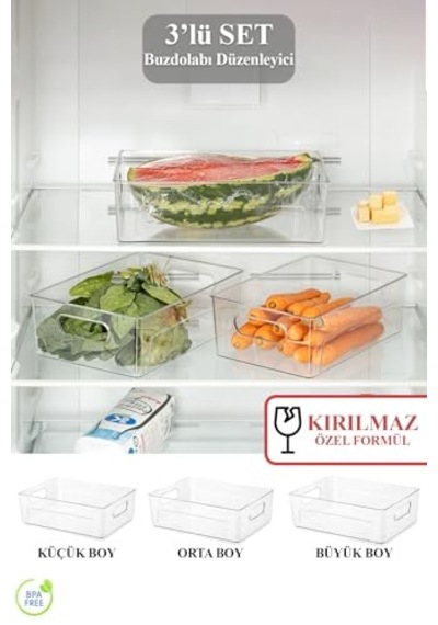 3 Lü Kırılmaz Ultra Dayanıklı Buzdolabı Düzenleyici Organizer Kutu Şeffaf Set 3 Boy Kutu Set Diğer