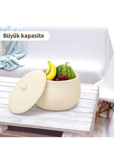 Mavaux Mutfak, Banyo Ve Ev İçin Halat Hasır Sepet 17x21 Cm Kapaklı Saklama Sepeti Honeypot Krem