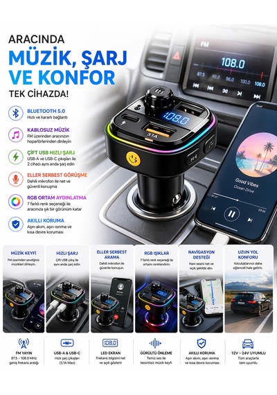 Araç İçi Bluetooth Fm Transmitter Usb-c Hızlı Şarj Çift Usb Led Ekran 12-24v 12w
