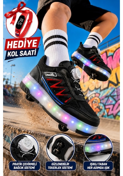 Muggo Sky Çocuk Işıklı Patenli Tekerlekli Sneaker Spor Ayakkabı Siyah - Kırmızı