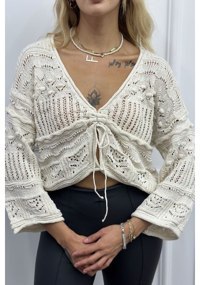 Noa & Noa Ön Büzgü Detaylı Örgü Crop Kazak Cozy Beyaz