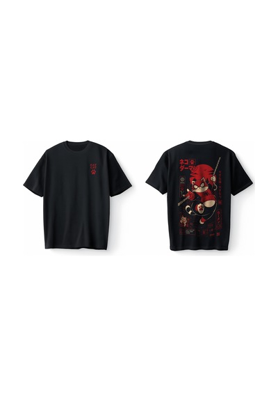 Bumeta Siyah Fat Cat Kedi Japon Tarzı Ramen Graphic Streetwear Baskılı Oversize Unisex Tişört T-shirt