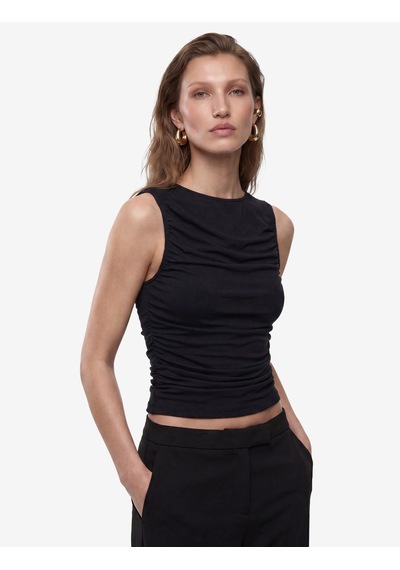 Koton Skinny Fit Bisiklet Yaka Drapeli Kolsuz Tül Bluz Siyah 6sak10413ek