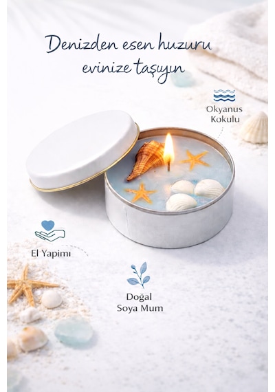 Dekoratif Lüks Soya Mum,el Yapımı Mum,dekoratif Afrika Deniz Kabuğu Ev Hediyesi,okyanus Kokulu 100 G Mavi Beyaz