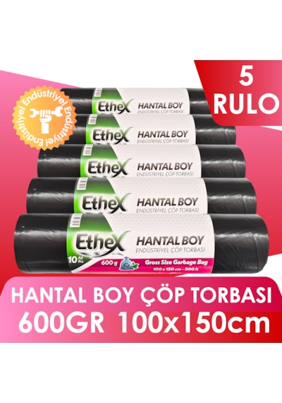 Endüstriyel Hantal Boy Çöp Torbası/poşeti - 10 Adet, 600gr, 100 X 150 Cm, 200lt, Siyah, 5 Rulo