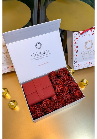 Premium Gift Rose Box - Lily Kırmızı Hakiki Deri Kadın Cüzdan Kırmızı Gül Kutusu Rose